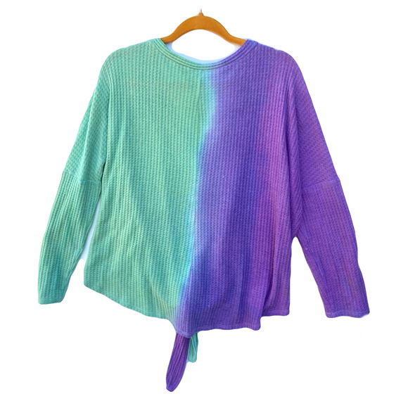 Purple to Green Vertical Ombre ReDyed Knit Front Tie Sweater - Picture 2 of 2